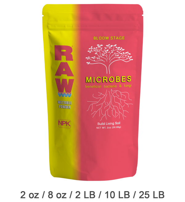 RAW Microbes Bloom Stage inoculant. Beneficial bacteria and fungi for flowering and fruiting crops.