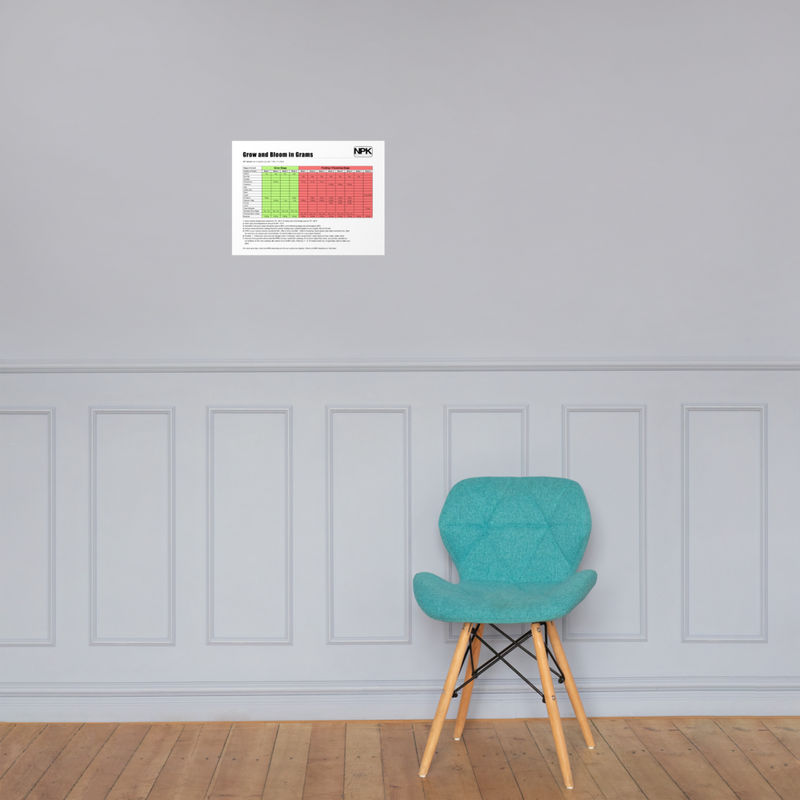 NPK RAW All-In-One Grow & Bloom Products Feeding Chart Grams Poster